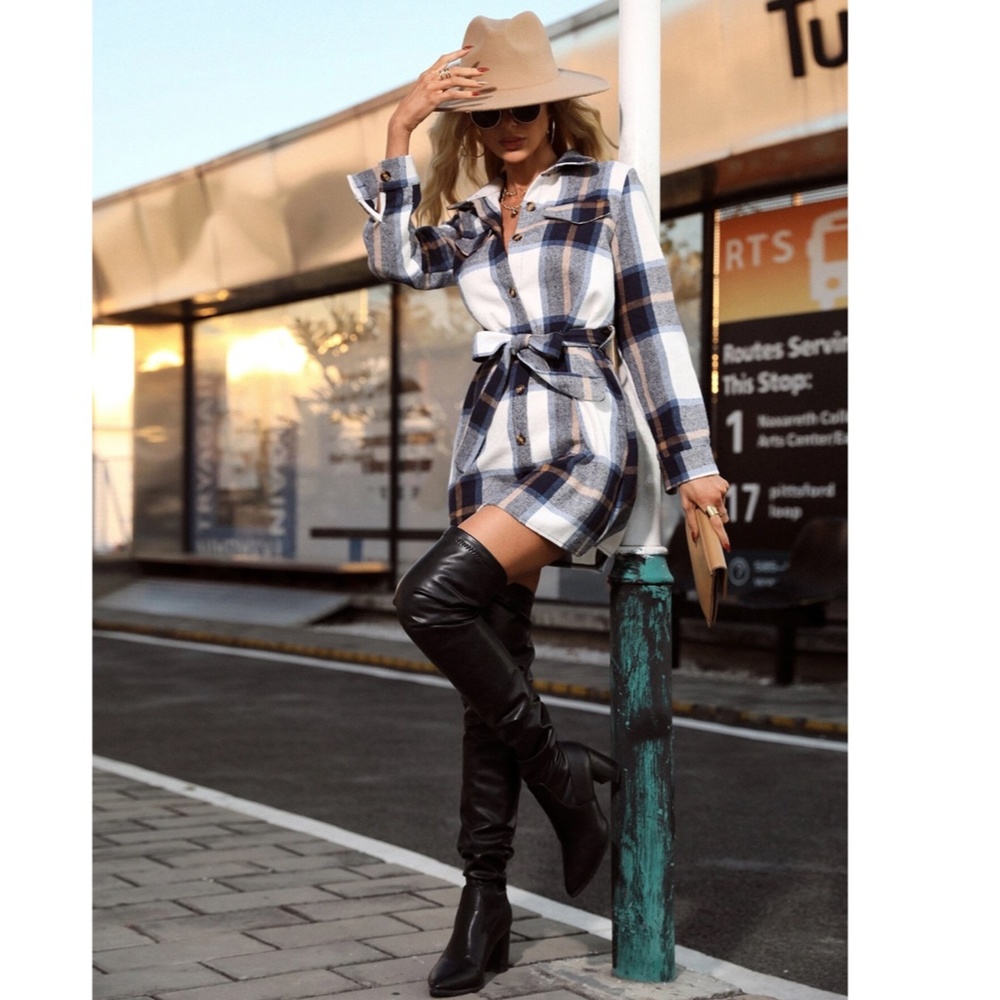 Plaid Long Sleeve Button Front Tie Belted Short Shirt Style Dress - Picture 6 of 11